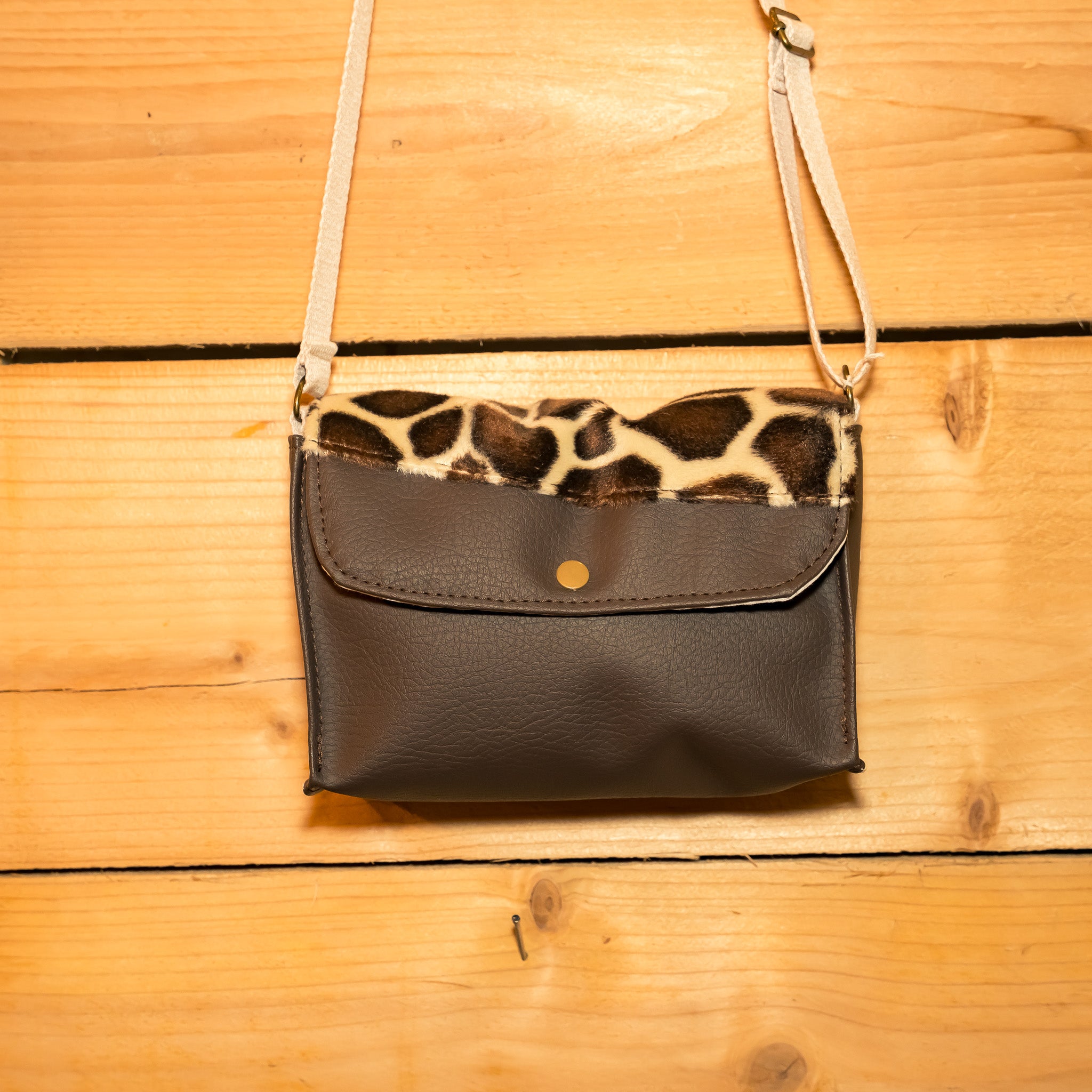 Sac bandoulière en Simili marron et Tissu Girafe