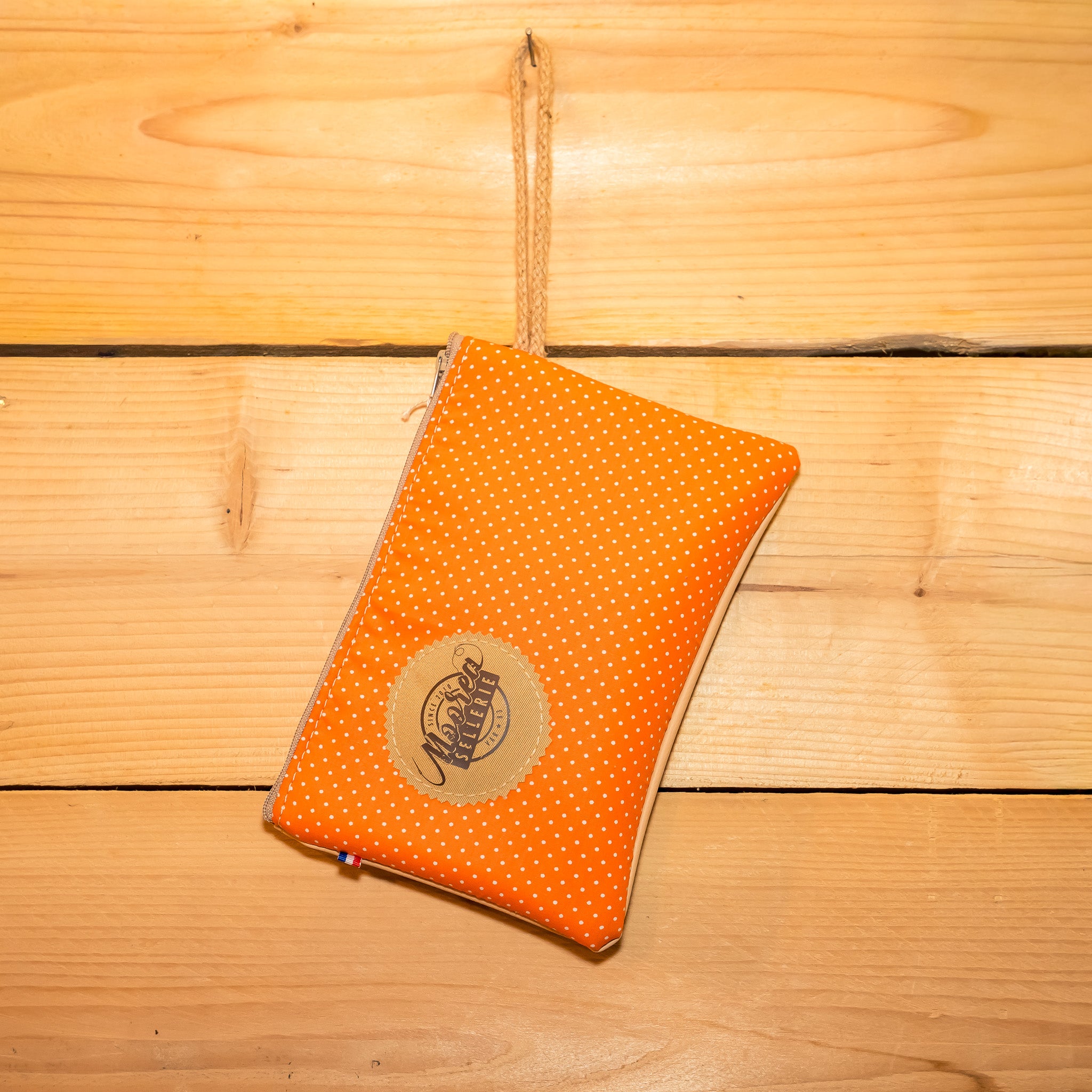 Pochette Plate Simili Beige / Tissu Vintage Orange Pois blancs