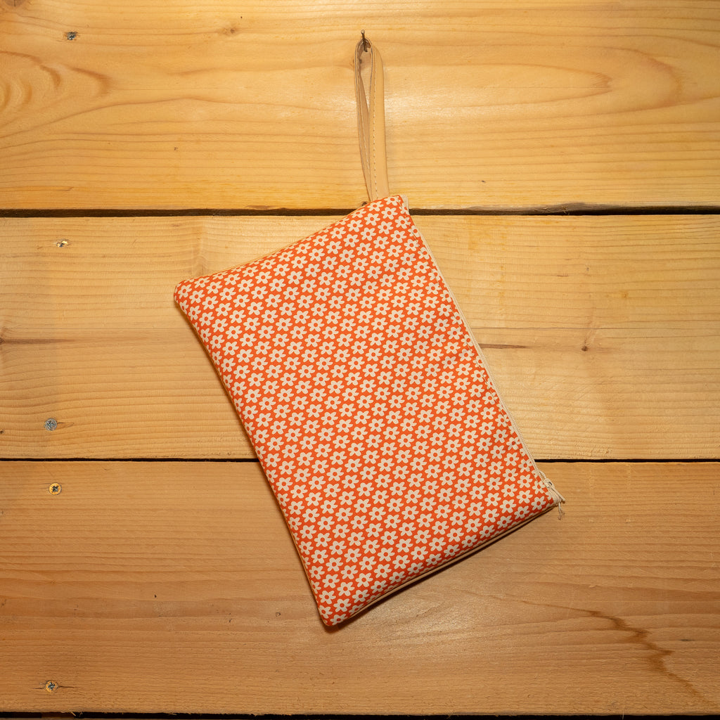 Pochette Plate Simili Beige / Tissu vintage Orange à Fleurs