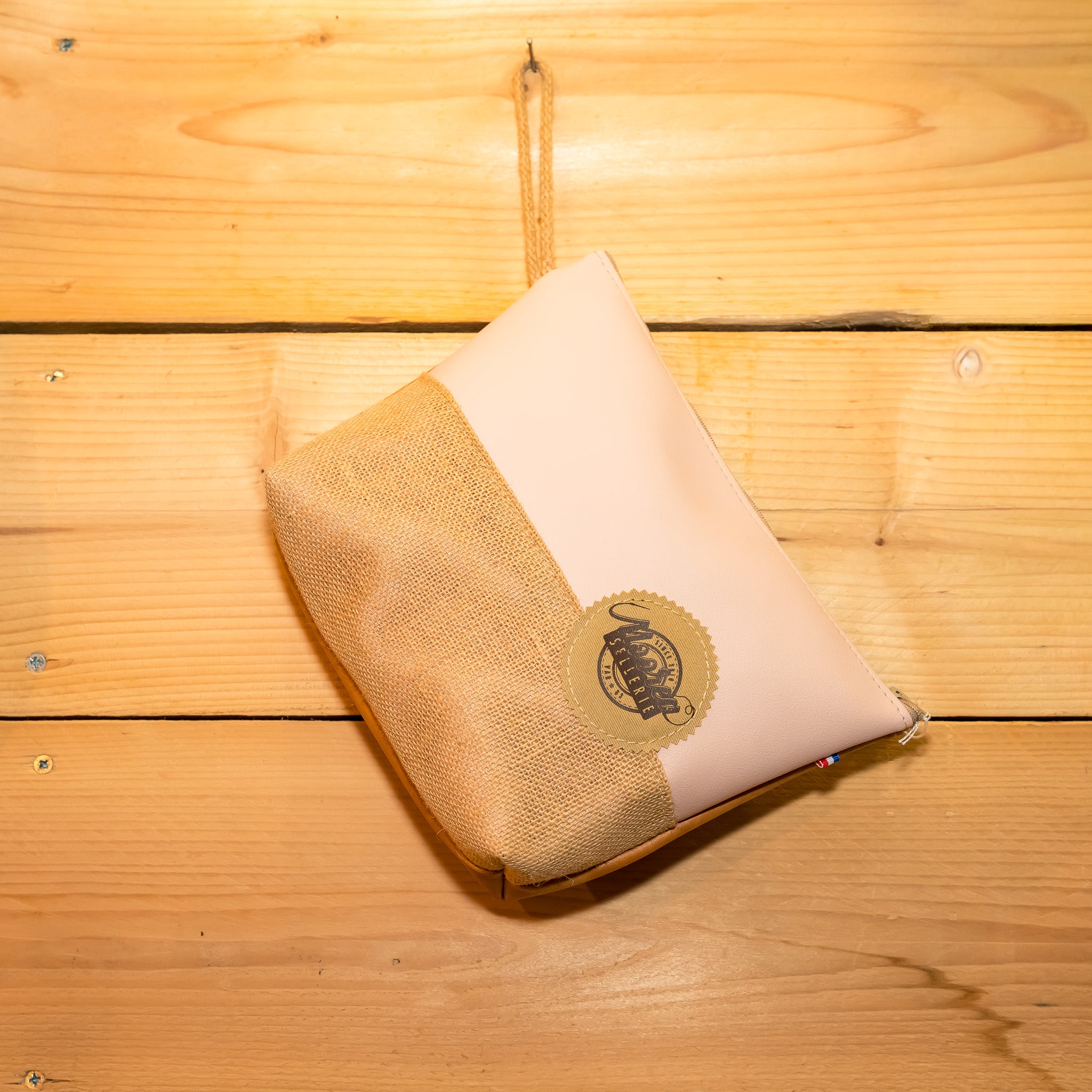 Pochette trapèze - simili rose poudré / jute