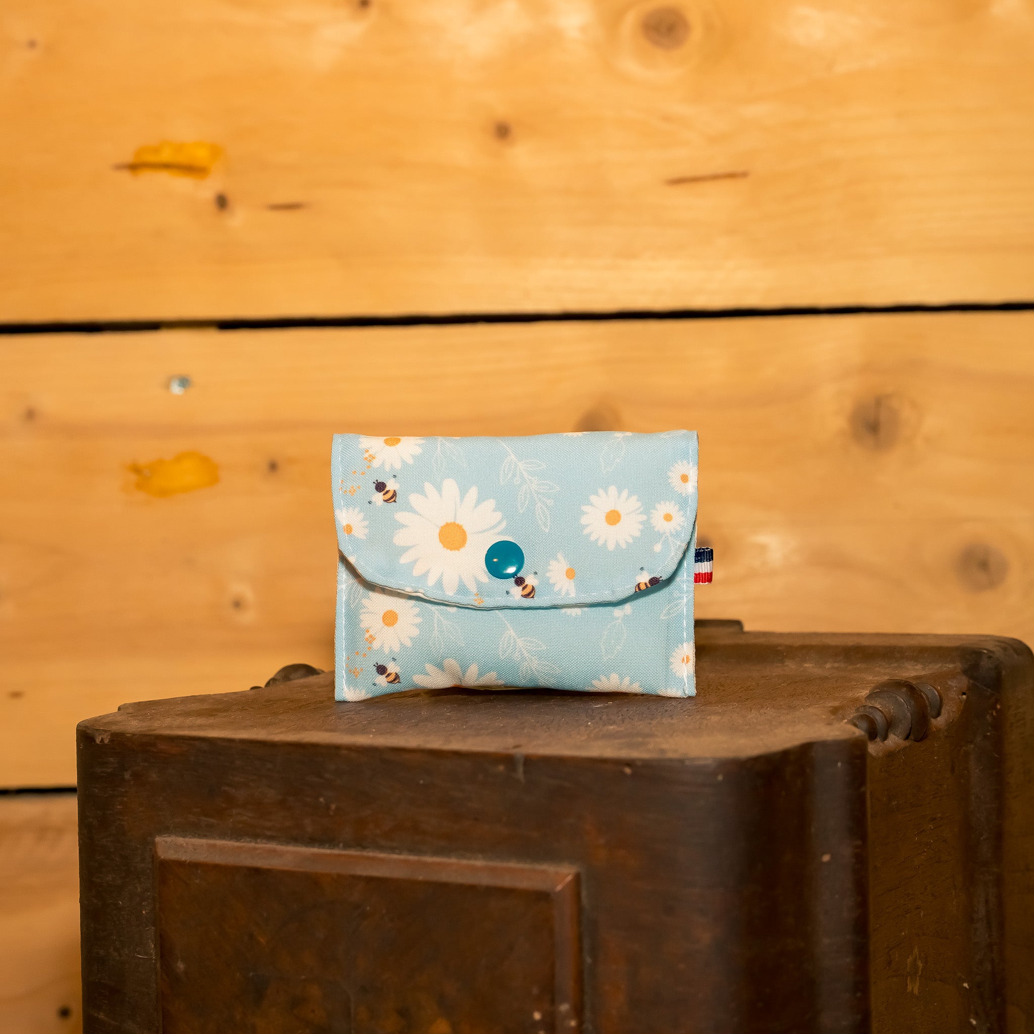 Porte Monnaie Tissu Bleu Marguerites et Abeilles
