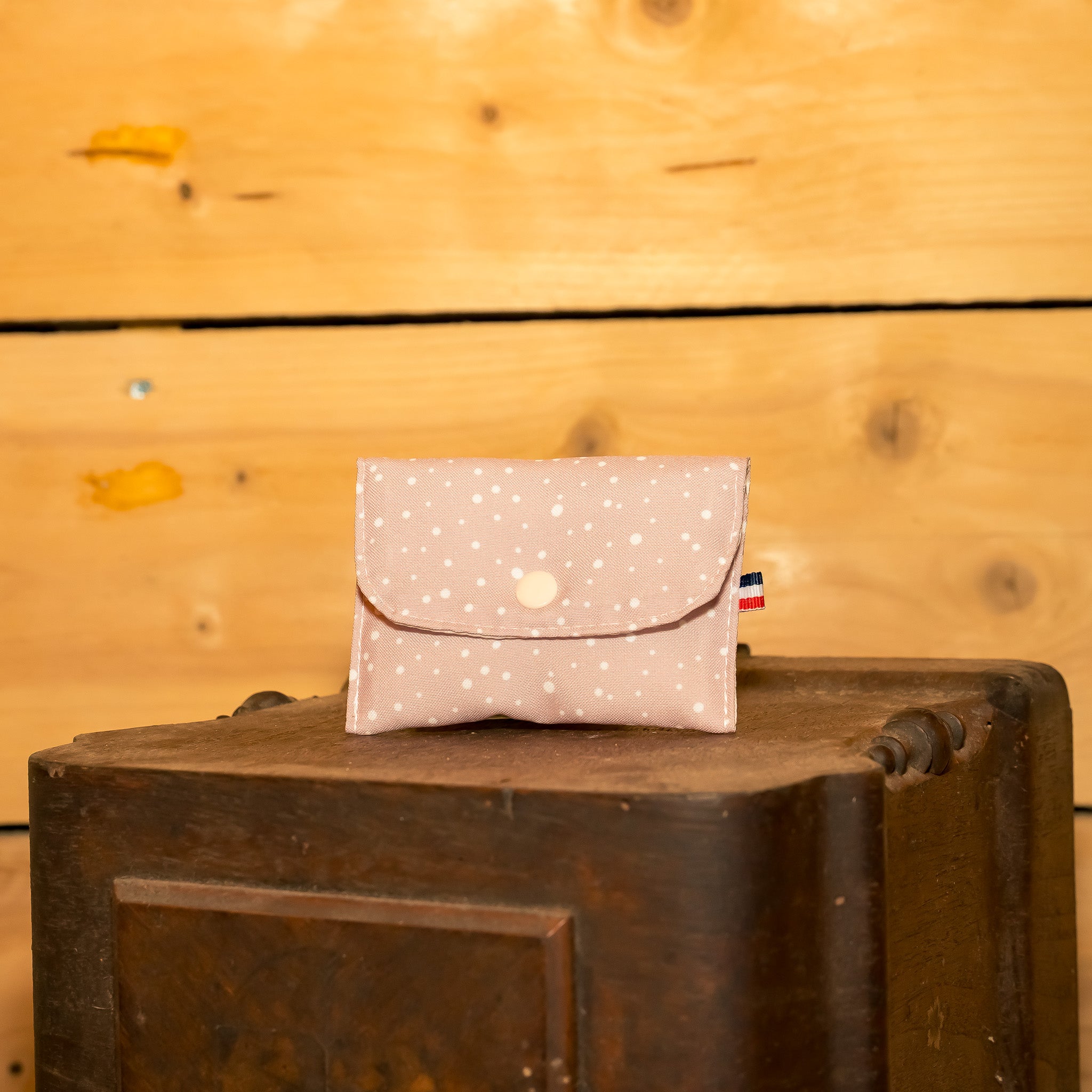 Porte Monnaie Tissu Beige Pois Blancs