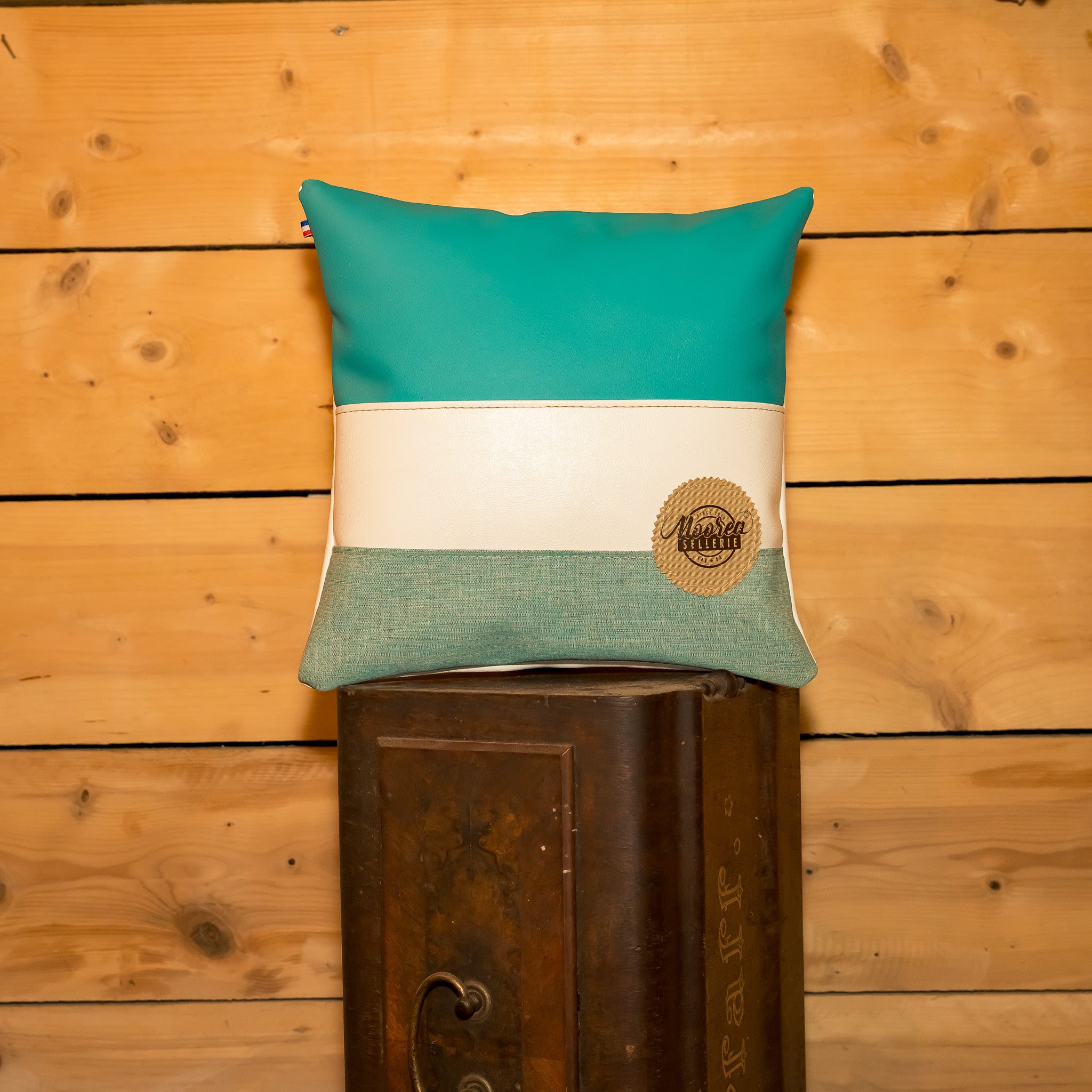 Coussin décoratif Simili blanc / Simili Turquoise / Tissu Bleu Chiné