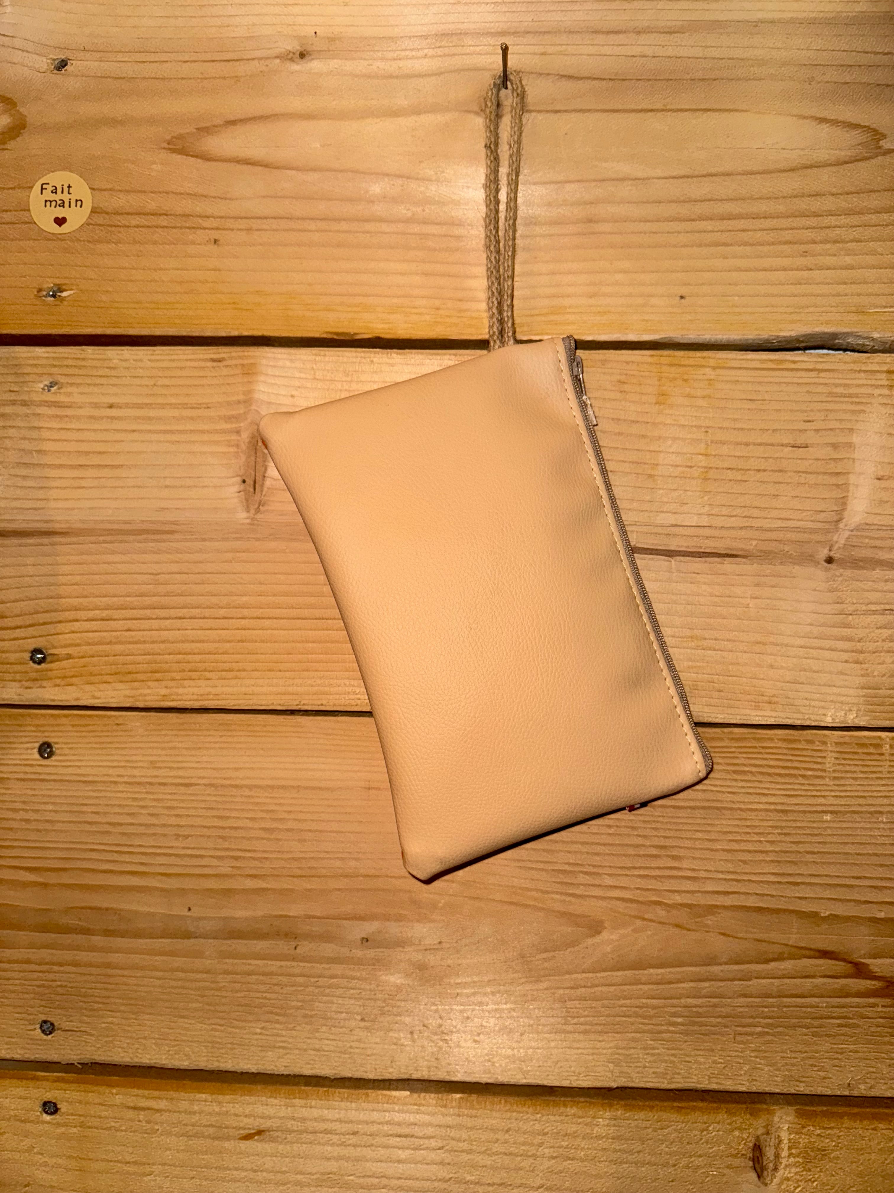 Pochette Plate Simili Beige / Tissu Vintage Orange Pois blancs