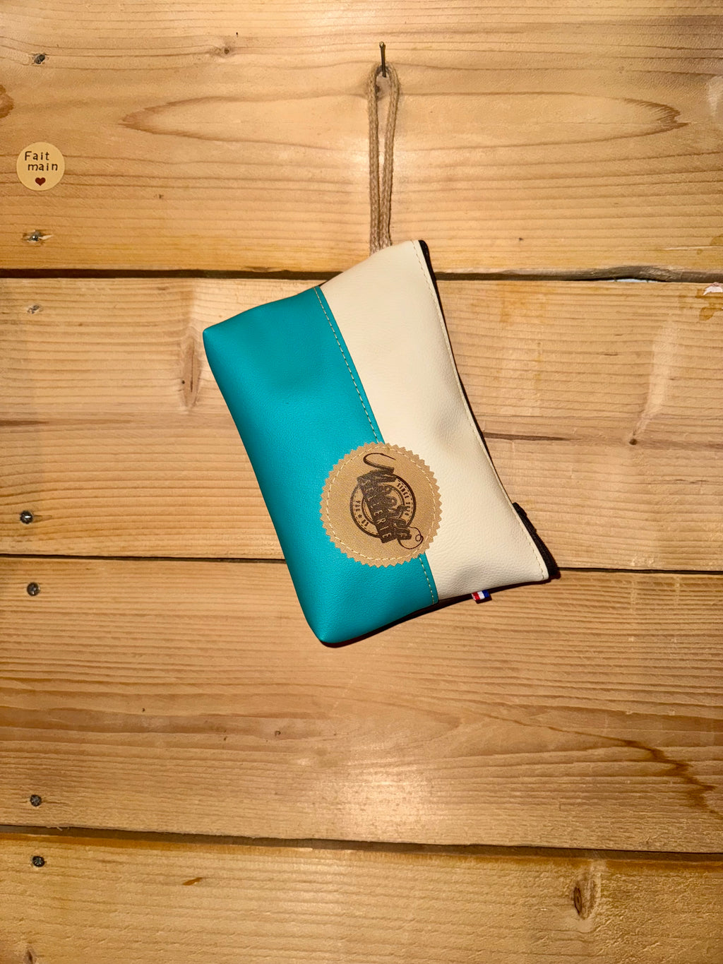 Pochette trapèze - simili turquoise / simili beige