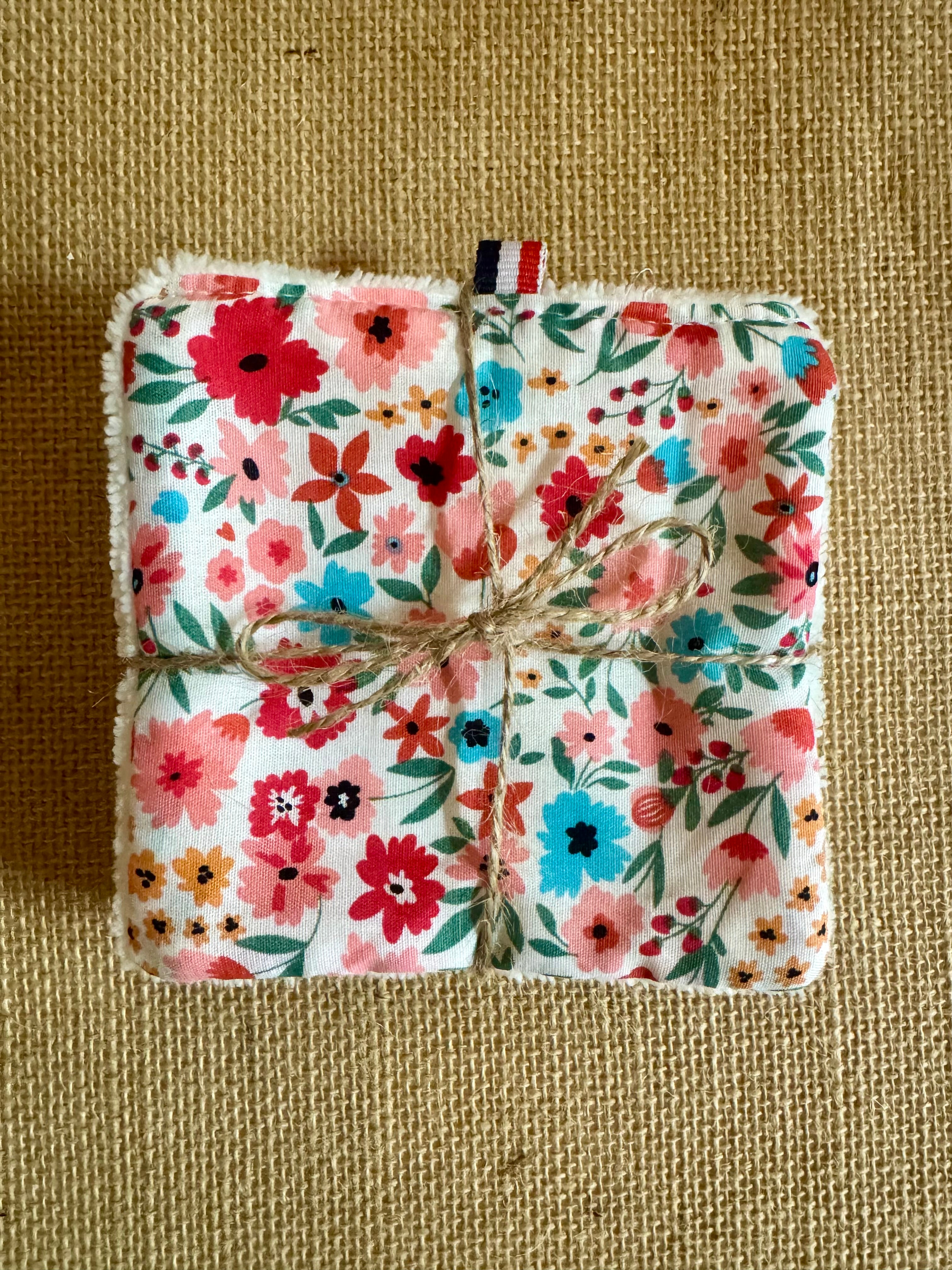 Cotons réutilisables en éponge bambou x4 Floral Turquoise / Fuschia